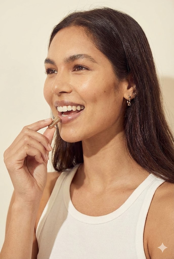 Happy woman taking weight-loss medication